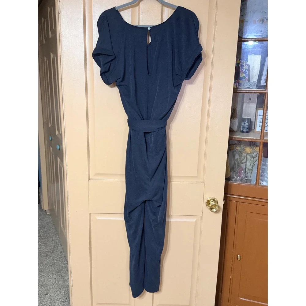 Lou & Grey Navy Blue V-Neck Short Sleeve Tie Back Wide Leg Jumpsuit Womens Large